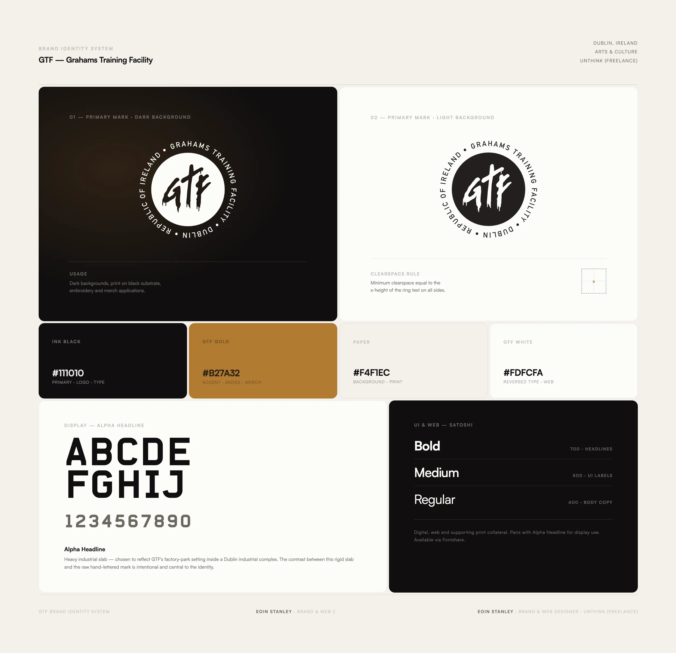 GTF brand identity system — colours, type, logo